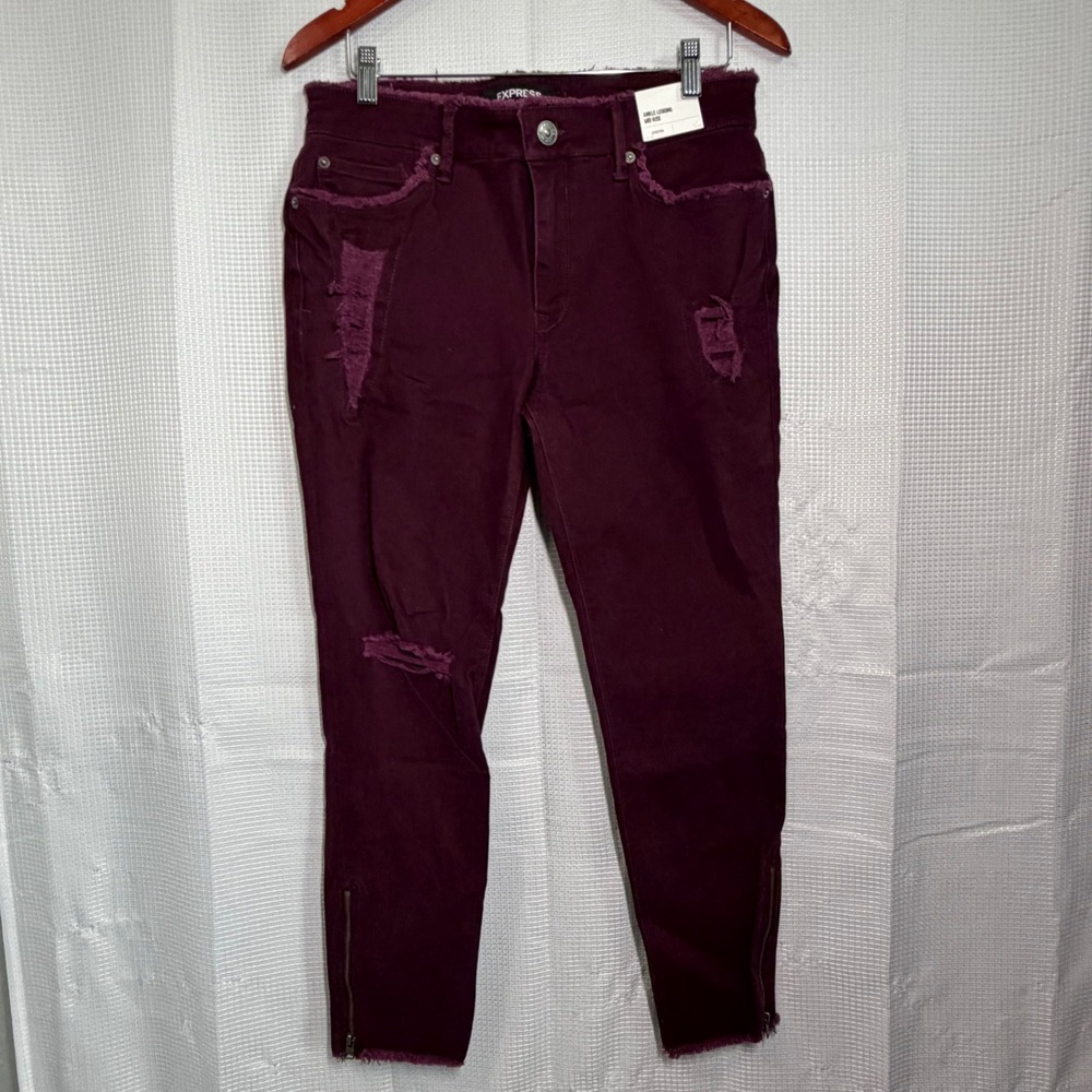 Express Ankle Legging Jeans 10S Burgundy Distressed Mid Rise‎ Zip Ankle